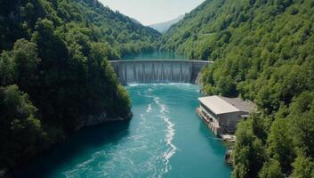 A scenic view of a dam surrounded by lush greenery and a river. photo
