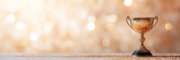 A trophy stands on a table with a sparkling background. photo