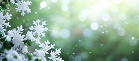 Snowflakes on a green background with bokeh photo