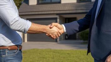 Two men shaking hands in front of a house photo