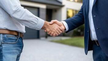 Two men shaking hands in front of a house photo