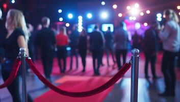 A red carpet event with people in the background and bright lights. photo