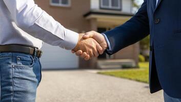 Two people shaking hands in front of a house, symbolizing agreement. photo