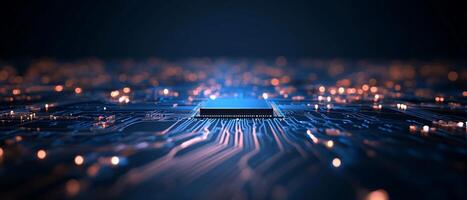 A close-up of a microchip on a circuit board with glowing connections. photo