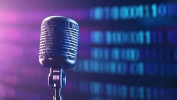 A microphone in front of a digital backdrop, symbolizing audio technology. photo