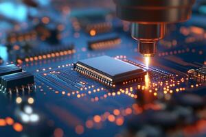 Close-up of a microchip being processed on a circuit board. photo