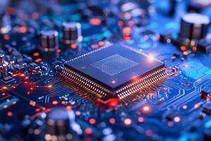 Close-up of a microprocessor on a circuit board with glowing components. photo