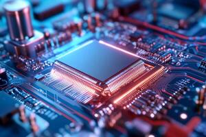 Close-up of a circuit board with a microchip and glowing connections. photo