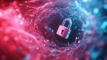 A digital lock surrounded by vibrant, swirling data streams. photo