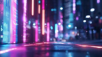 Futuristic cityscape with vibrant neon lights and a reflective surface. photo