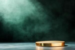 A golden coin on a reflective surface with smoky background. photo