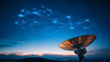 Satellite dish under a starry sky with digital network connections. photo