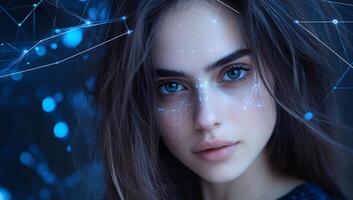 A close-up of a woman's face with digital effects and glowing lines. photo