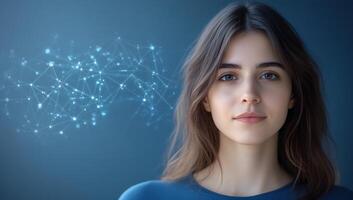 A young woman with a thoughtful expression and a digital network backdrop. photo