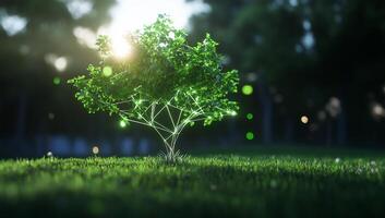 A digitally rendered tree with glowing connections in a serene setting. photo