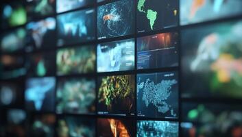 A collage of global maps and data visualizations on screens. photo
