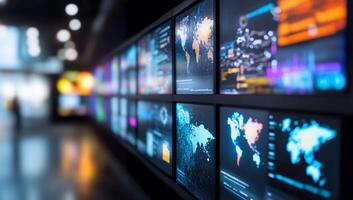 A digital display featuring interactive global data visualizations. photo
