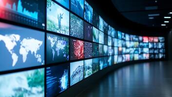 A curved display wall featuring various digital screens and visuals. photo