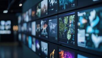 A display of digital maps and visual data on a modern wall. photo