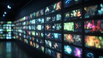 A gallery of vibrant digital art displays on multiple screens. photo