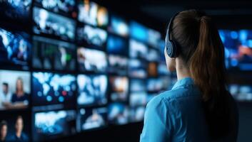 A person with headphones observes multiple screens displaying various visuals. photo