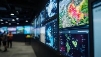 A display of screens showcasing weather data and environmental graphics. photo