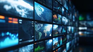 A digital wall displaying various data visualizations and global images. photo