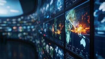 A high-tech control room displaying global data visualizations. photo