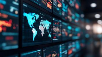 Digital display of global data analytics and financial information. photo