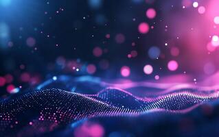 Abstract digital landscape with glowing particles and wave-like patterns. photo