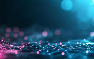 Abstract digital landscape with glowing lines and dots in blue and pink. photo