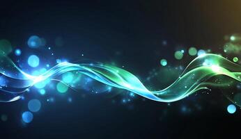 Abstract digital waves with glowing particles in a dark background. photo