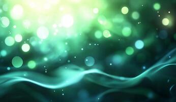 Abstract green and blue background with soft waves and glowing particles. photo