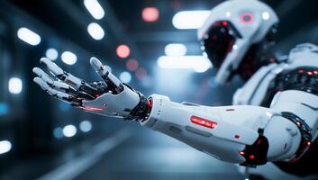 A futuristic robotic arm reaching out in a high-tech environment. photo