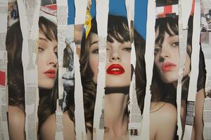 A collage of magazine cutouts featuring a woman's portrait with bold lips. photo