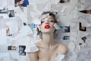 A model with striking red lips poses amidst torn newspaper clippings. photo