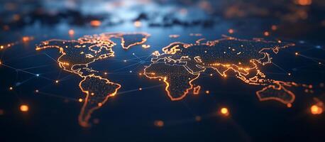 World map with network lines and dots on dark background photo