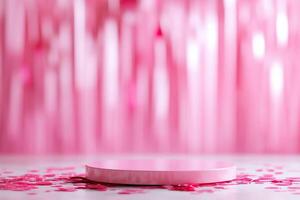 A pink display platform surrounded by confetti and a vibrant backdrop. photo