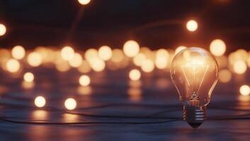 A glowing light bulb with decorative string lights in the background. photo