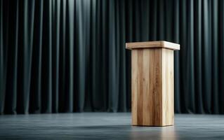 A wooden podium on a stage with dark curtains in the background. photo