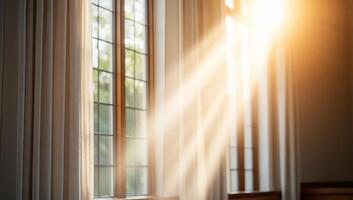 Sunlight streams through elegant curtains, illuminating a serene interior. photo