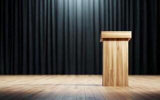 A wooden podium on a stage with a dark curtain backdrop. photo