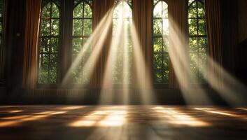 Sunlight streams through large windows, illuminating a serene wooden floor. photo