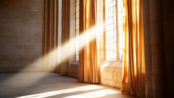 Sunlight streaming through elegant curtains in a serene interior space. photo