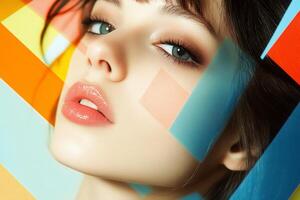 A close-up portrait of a woman with colorful geometric overlays. photo
