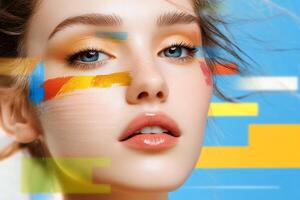 A close-up of a woman with artistic face paint and a vibrant background. photo