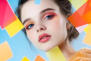 A close-up portrait of a young woman with colorful makeup and background. photo