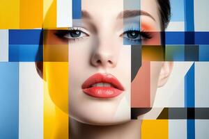 Abstract portrait of a woman with geometric color overlays. photo