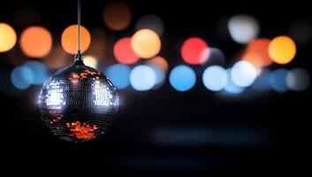 A shimmering disco ball reflects colorful lights in a dark setting. photo