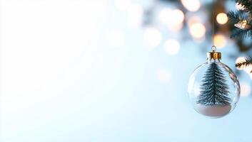 A decorative glass ornament featuring a miniature tree, set against a soft background. photo